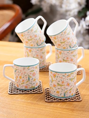 Clay Craft Fine Ceramic Tea/Coffee Cup Set Of 6200 Ml Each (Hilton H308), Tea Cup Set Of 6, Microwave & Dishwasher Safe, Mugs F