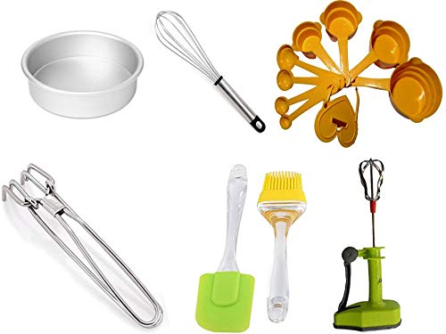 Peramu Traders 6 Combo Aluminium Round Shape Cake Baking Tray Size (6 Inch), Hand Mixer, Whisk, Silicone Oil Brush And Spatula, 