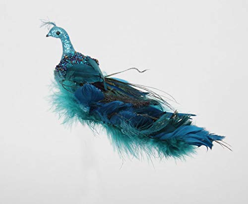 12 Peacock Christmas Ornaments Glitter Right Facing Teal Blue Peacock Bird with Feather Tail Clip-On Christmas Tree Ornament, 12