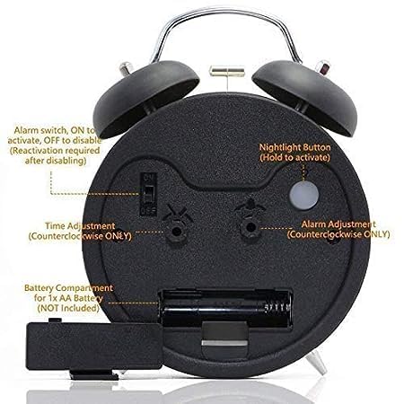 Pelirone Table Alarm Clock, Metal Twin Bell Analog Display With Night Led Light Battery Operated Loud Sound Alarm Voice Clock Fo