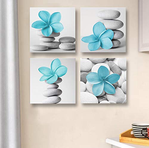 Genius Decor-Modern Bathroom Wall Art Blue Grey Zen Flowers And Pebble Stone Aqua Bedroom Canvas Art For Decoration (Blue)