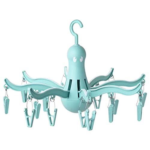 Ikea PRESSA Plastic Foldable Portable Hanging Dryer Octopus Shape Clothes Drying Hanger Rack with 16 Clips Hook, Turquoise