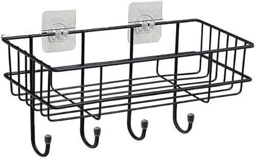Anjil Iron Storage Rack With 4 Hooks, Wall Mounted Bathroom Kitchen Organizer, Black, 12X10X10 Cm, 1 Shelf