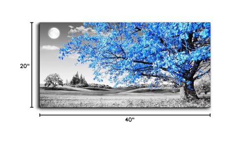 wall art for living room Simple Life Blue moon tree landscape Abstract painting office Wall Decor 20'' x 40'' single Pieces Canvas Prints Ready to Hang for Home Decoration Black and white Works of art
