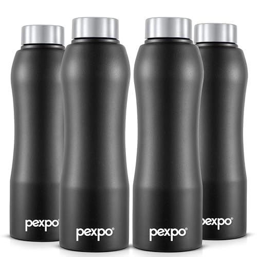 Pexpo Bistro Isi Certified Stainless Steel Fridge/Sports Water Bottle 1 Litre, Knight Black, Pack Of 4| Single Walled|Easy Grip|