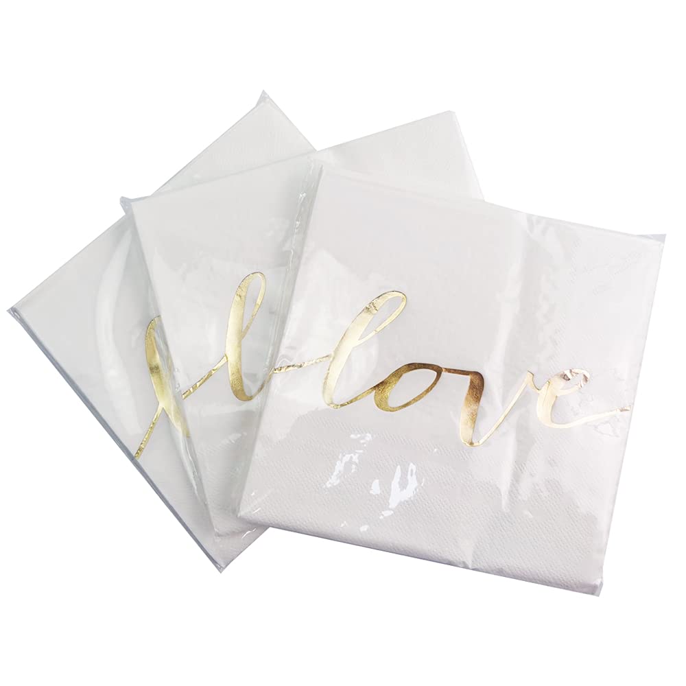 Dulousia White Luncheon Paper Napkins Stamped With Sparkle Gold Love - Folded 6.5 X 6.5Inch For Wedding, Bridal/Baby Shower, Din