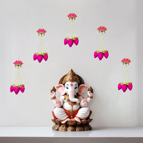 Divyakosh Handmade Lotus Buds Hanging, Pack Of 5, Size 16 Inch, Pooja Room Decoration Items, Solawood Hangings For Mandir, Lotus