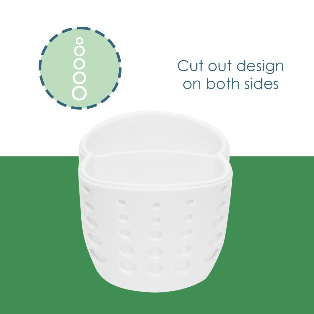 Home Basics Double Sponge Holder Kitchen Sink Caddy, Saddle Faucet Sink Soap Sponge Organizer With Drain Hole, White