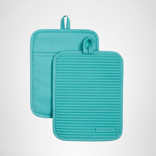 KitchenAid Ribbed Soft Silicone Pot Holder 2-Pack Set, Aqua Sky, 7x9