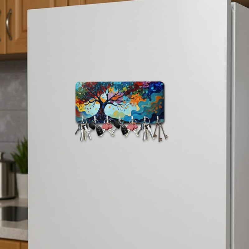 MyTees Wooden Magnetic Key Hanger for Fridge with Multiple Hooks. Digitally Printed Keys Hanger. Magnetic Key Holder for Home/Of