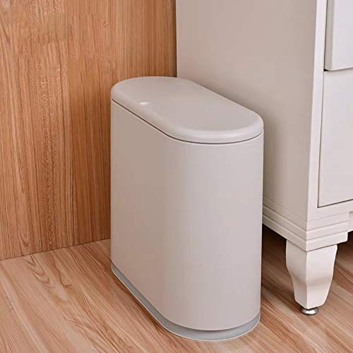IEEK Slim Plastic Trash Can with Press Top Lid 2.4 Gallon/10 Liter Garbage Can Modern Waste Basket for Bathroom Living Room Office Kitchen and Narrow Spaces Grey