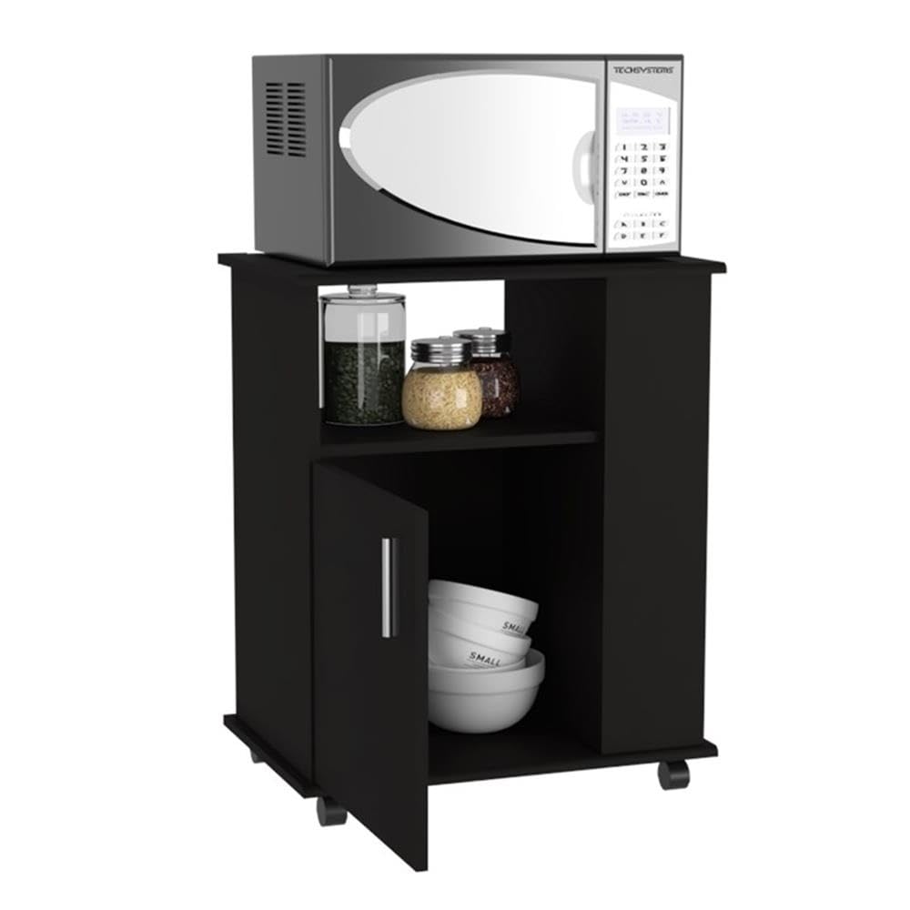 TUHOME Kit Lower Microwave Cabinet  One-Door Cabinet  Three Lateral Shelves  Two Internal Shelves  Countertop For Microwave  Black  For Kitchen Room