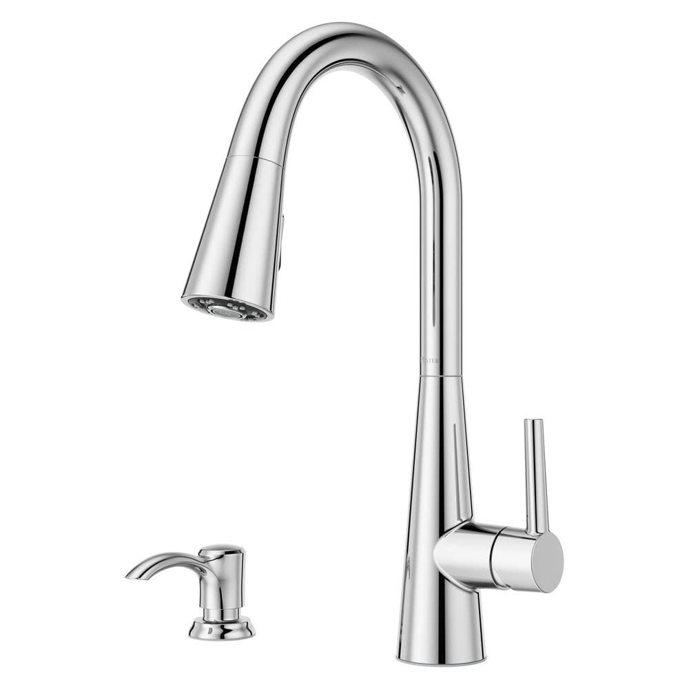 Pfister Barulli Kitchen Faucet With Pull Down Sprayer And Soap Dispenser, Single Handle, High Arc, Polished Chrome Finish, F5297