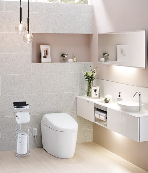 SunnyPoint Bathroom Heavyweight Toilet Tissue Paper Roll Storage Holder Stand with Reserve and Shelve  The Reserve Area Has Enough Space to Store Mega Rolls. (Chrome)