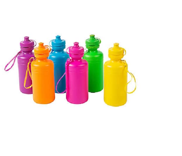 12 Kids Water Bottles Bulk Pack, Summer Beach Accessory | Holds 18 Ounces, 6 Different Neon Colors With Wrist Strap (12 Pack)