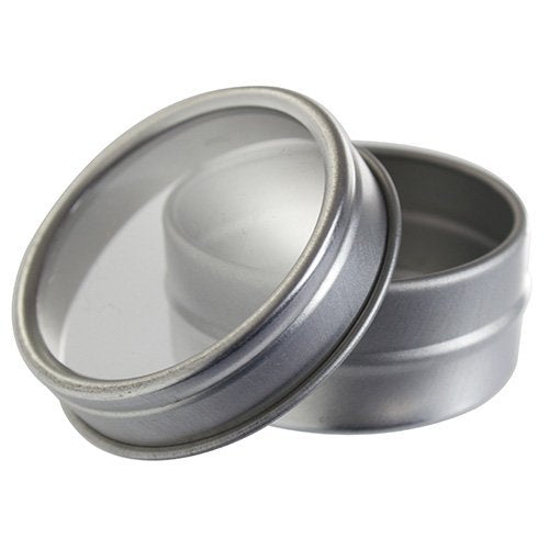 Juvitus .25 Oz Silver Metal Steel Tin Flat Container With Tight Sealed Clear Lid (12 Pack)