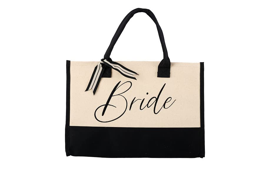 Mud Pie Classic Black And White Canvas Tote Bag, Bride, 17 X 19 X 2