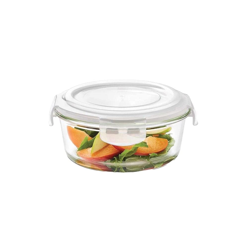Borosil Klip N Store Glass Storage Container For Kitchen With Air-Tight Lid, Microwave & Oven Safe, Round, 400 ml, Clear