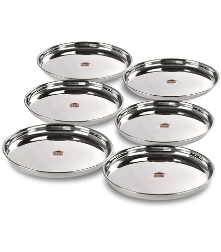 Urban Kraft Stainless Steel Plate/Heavy Guage Steel Dinner Plates Set Of 6 / High Grade Steel Plates For Lunch/Dinner With Mirro