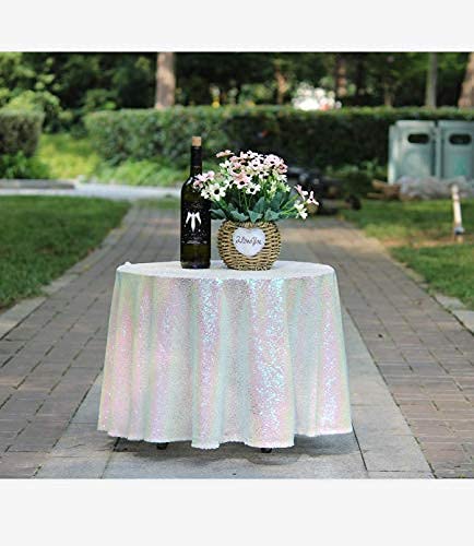 Jyflzq White Iridescent Sequin Tablecloth 50 Round Small Sparkly Drape Table Cloths Table Cover For Wedding Birthday Party Baby