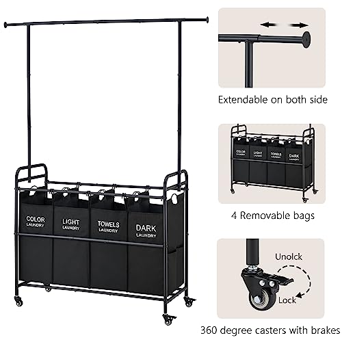 Tajsoon Laundry Sorter Cart With Hanging Clothes Rack, 4 Butler Sorter Basket Organizer, Laundry Hamper Cart With Heavy Duty Rol