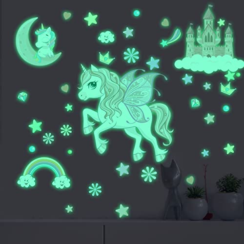 Glow In The Dark Stars Unicorn Wall Decals, Castle Moon Rainbow Stickers For Ceiling, Diy Unicorn Wall Decor For Nursery Girls P