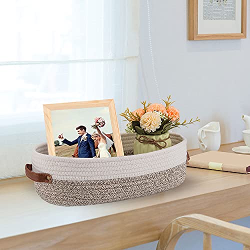 Oradrem Woven Storage Basket for Toilet Tank Top Farmhouse Home Decor Organizing Basket for Bathroom Table and Counter 13''x5.9''x4'' Apricot Stitching White