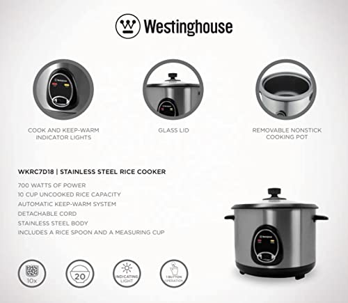 Westinghouse 220 Volt Rice Cooker 10 Cup, Non Stick Cooking Pot, Measuring Cup, Keep Warm Function-Stainless Steel-700W (Not For