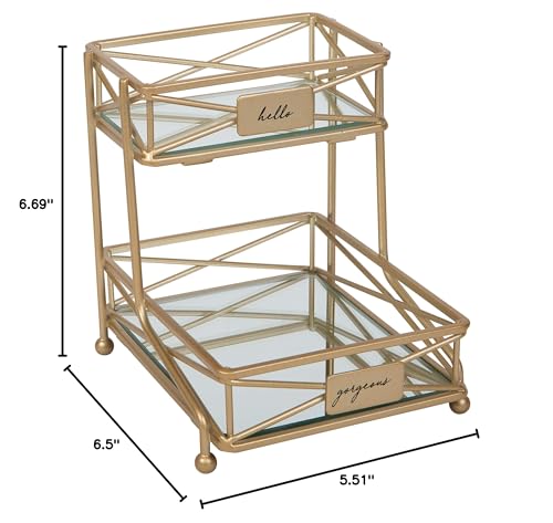 Home Details Satin Gold, Cosmetic Organizer, Bathroom, Jewelry, Perfume Storage, Stylish Decor 2 Tier Sleek Vanity Tower