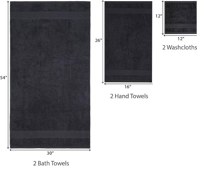 Trident Black Towel Set, 2 Black Bath Towels, 2 Black Hand Towels, 2 Black Washcloth, Soft Absorbent Fast Dry Bathroom Towels, 1