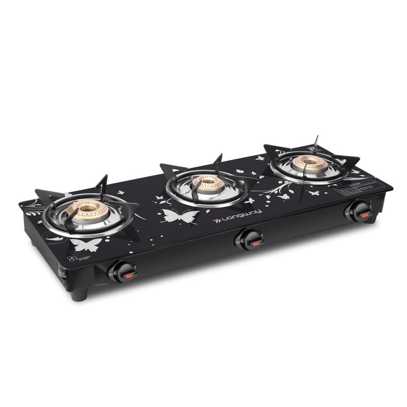 Longway Astra Glass Top, 3 Burner Auto Ignition Glass Gas Stove (Black, Isi Certified, 2 Year Warranty)