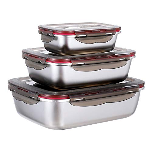 3 Pieces Stainless Steel Food Storage Container With Lids Airtight Metal Food Containers Stackable Meal Prep Leftover Containers