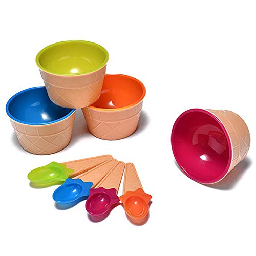 Dessert Bowls, 4 Pack Ice Cream Bowl Spoon Set,Frozen Yogurt Cups With Spoons Durable Plastic Candy Color Lovely Dessert Bowl Di