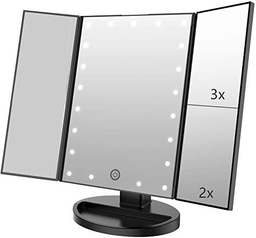 Infitrans 3 Folds Lighted Vanity Makeup Mirror,1X2X3X Magnification, 21 Led Bright Table Mirror With Touch Screen,180 Adjustable