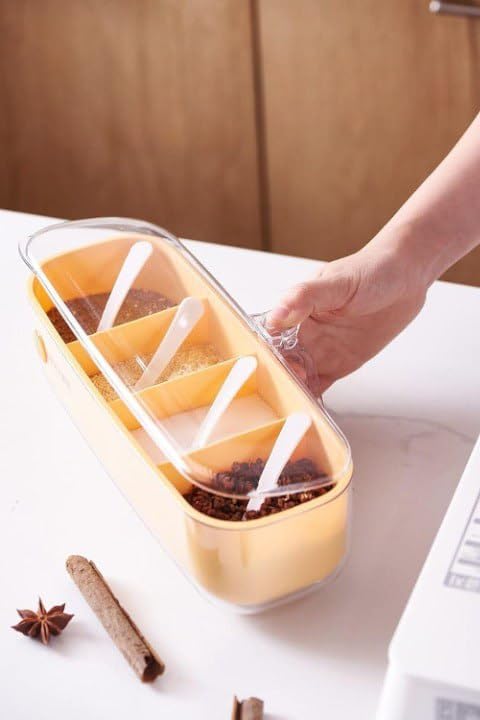 QZENIX Crystal Compartments Seasoning Box With Lid | Acrylic Transparent Spice Jar | Kitchen Storage Container | Condiment Jars 