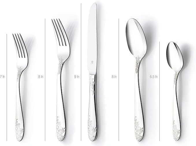 Danialli Imperial Silverware Set - 18/10 Stainless Steel Flatware Set For Elegant Dining - Dishwasher Safe Cutlery Set - Floral
