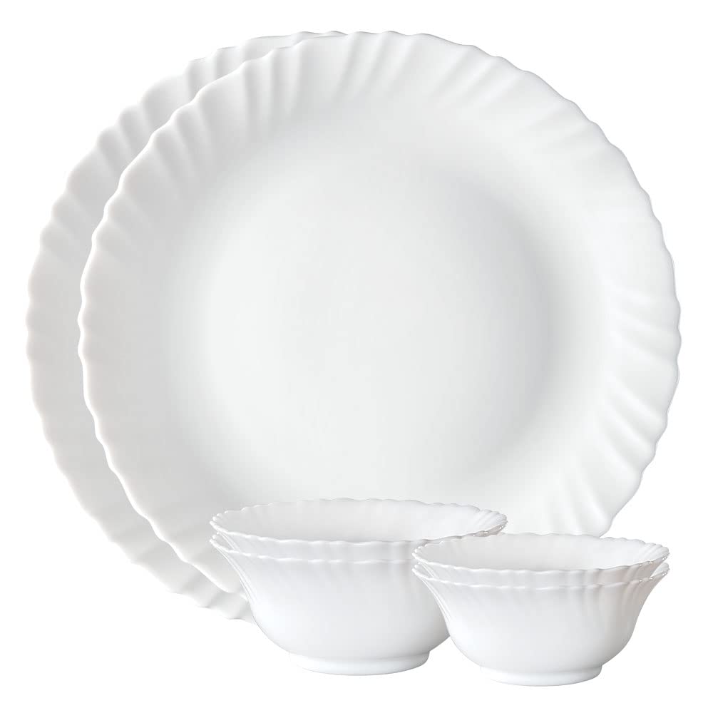 Larah By Borosil Plain White Silk Series Opalware Dinner Set | 6 Pieces For Family Of 2 | Microwave & Dishwasher Safe | Bone-Ash