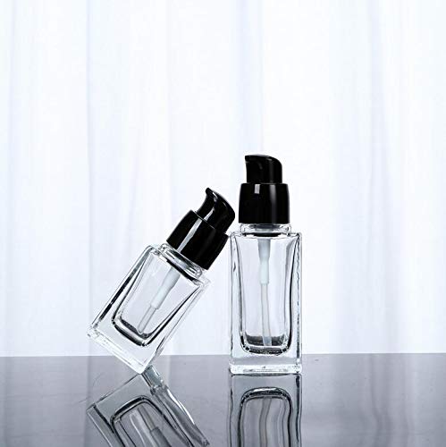 Quupy 2Pcs 30Ml/1Oz Empty Clear Square Glass Emulsion Essence Bottle With Black Pump Head Cosmetic Foundation Travel Vials Conta
