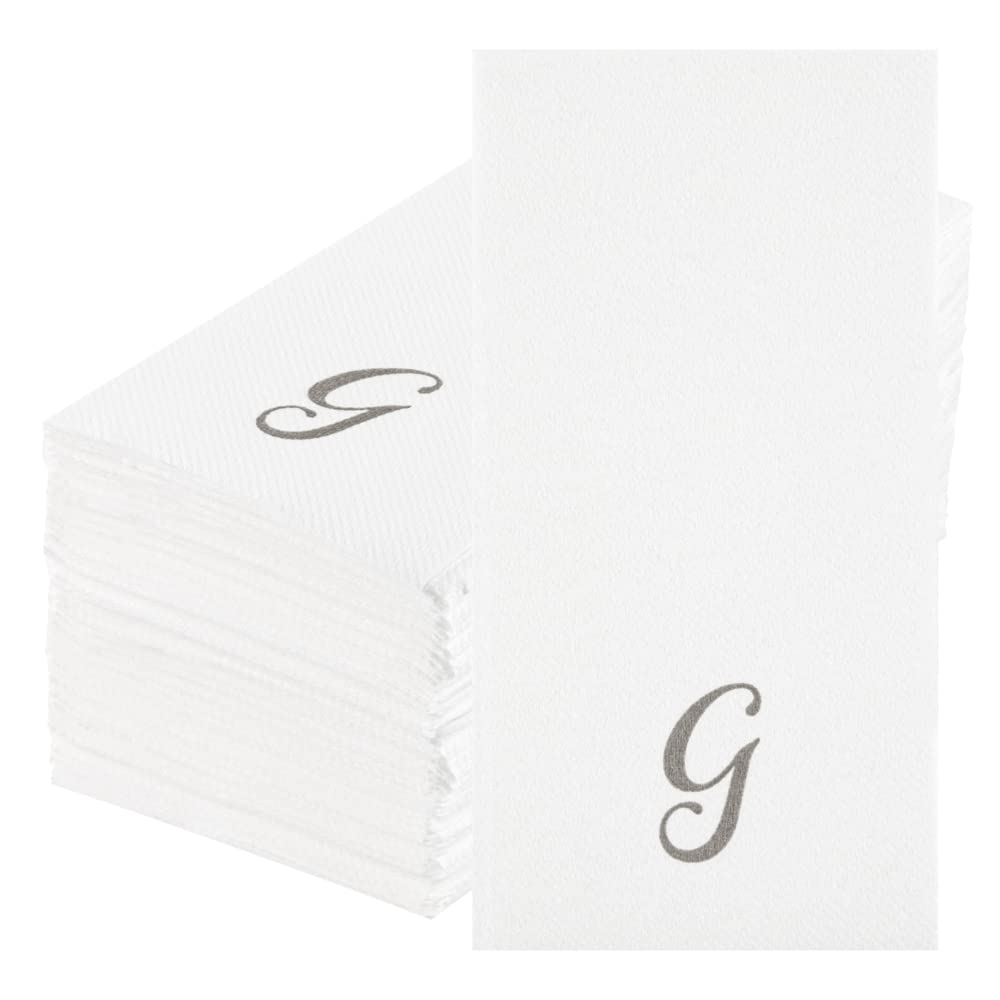 Luxenap 15.8 X 7.9 Inch Linen-Feel Guest Towels, 50 Lettered Hand Towels - Silver Letter 'G', Cursive Font, White Paper Dinner N
