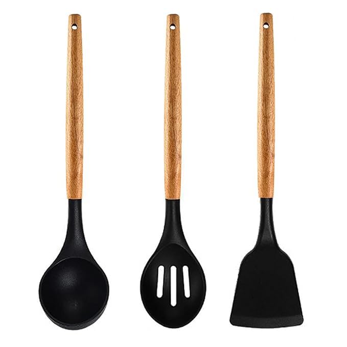 Shri Modeshwari Enterprise Spatula Turner Serving Cooking Spoon Silicon,Kitchen Silicone Set Non Stick Pan With Wooden Handle 3 