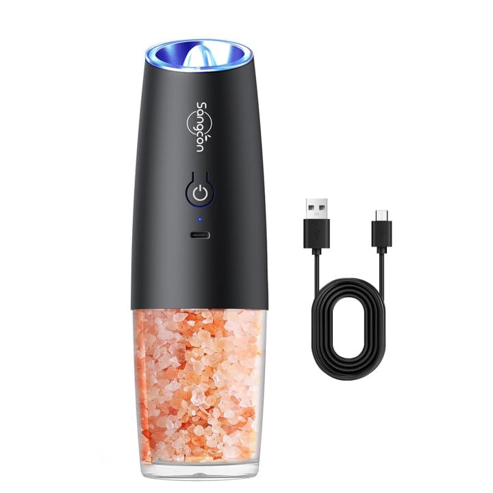 Sangcon Gravity Electric Salt and Pepper Grinder RECHARGEABLE Automatic Salt Pepper Shaker USB-C No Battery Needed - LED Light O