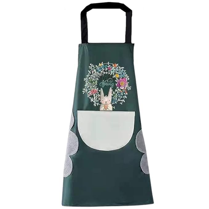 G.Fidel Waterproof Kitchen Apron With Pockets, Coral Velvet Towel, Cute Rabbit Design, Adjustable, Oil And Water Resistant, Gree