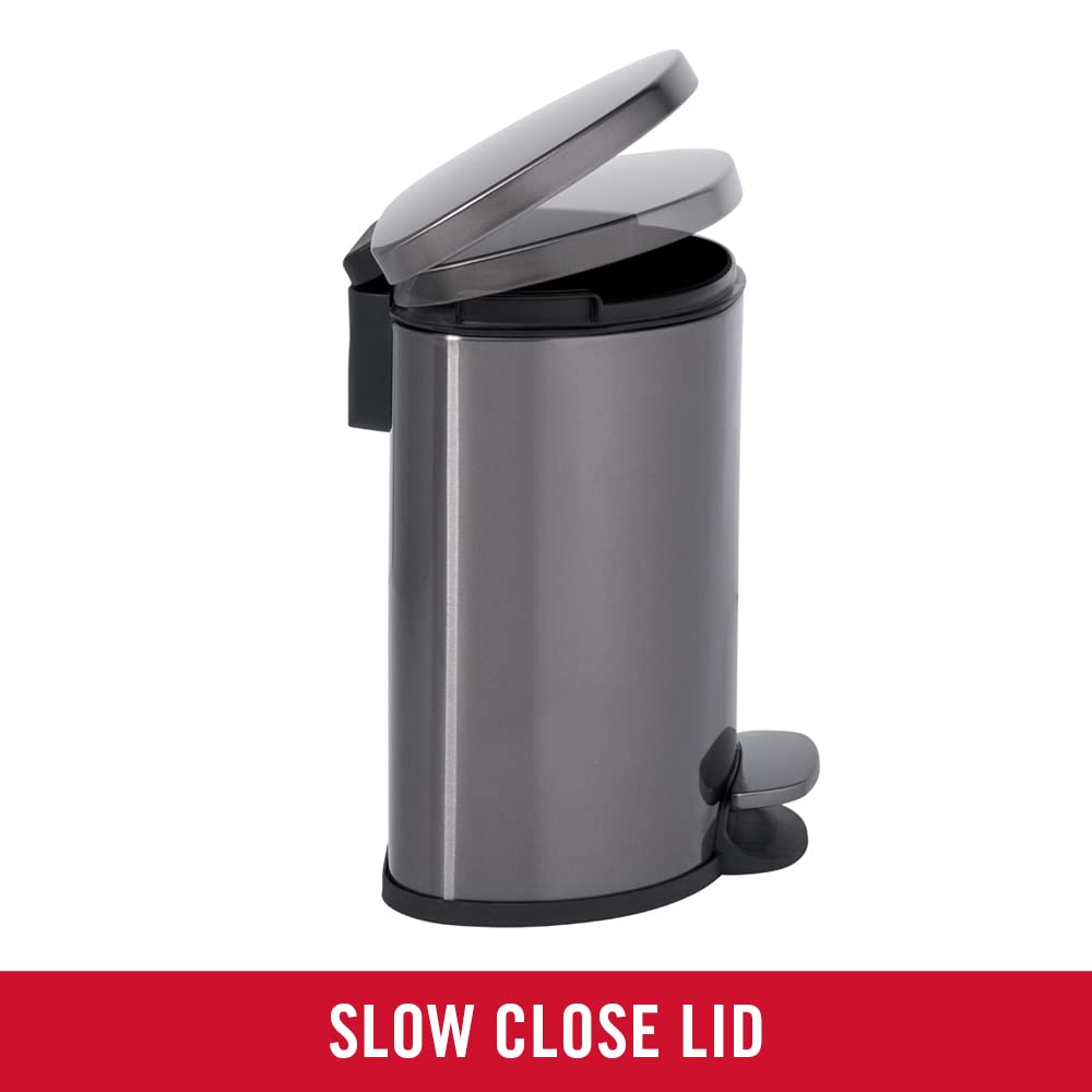 Rubbermaid Stainless Steel Semi-Round Step-On Trash Can, 1.6-Gallon, Charcoal, Small Wastebasket With Lid For Home/Kitchen/Bathr