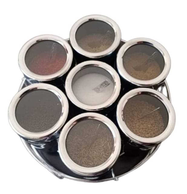Steeple Stainless Steel Masala Dabba With Steel Stand For Kitchen Storage Set Of 7, Each Container 180 Ml (1260Ml) Spice Set Wit