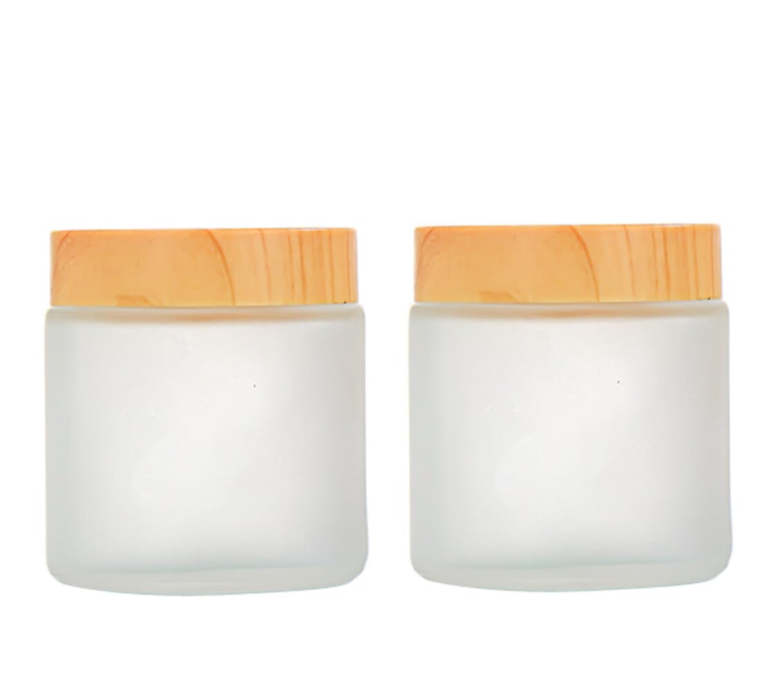 2 Pack 100G/3.4Oz Frosted Glass Cream Jars Bottles Cosmetic Container With Inner Liners And Wood Grain Lid Refillable Straight S
