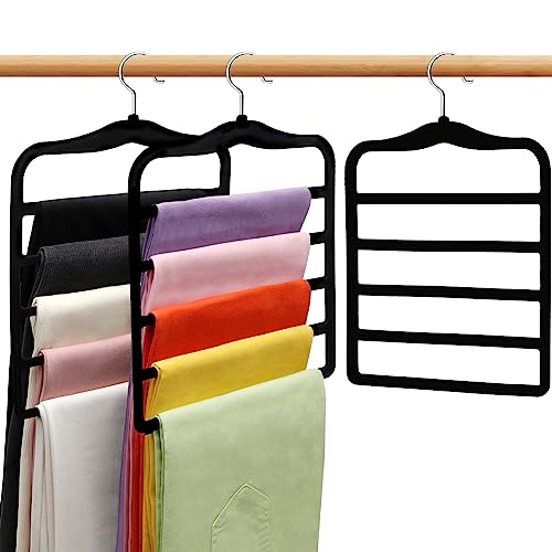 Closet Organizers And Storage,3 Pack Velvet Pants-Hangers-Space-Saving,Non Silp 5 Tier Scarf Jeans Organizer,Dorm Room Essential
