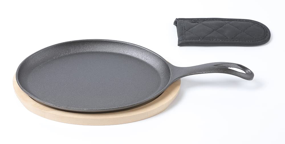 Hawok Cast Iron Fajita Plate Sizzler Pan Set With Wooden Tray And Handle Holder, Pre-Seasoned Cast Iron Skillet With Wooden Base