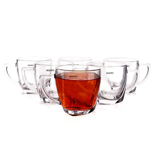 Agaro Elegant Glass Cup, 200Ml, Set Of 6, Crystal Clear Espresso Coffee Cup, Toughened Glass Wall With Handle, For Hot Cofee, Ca