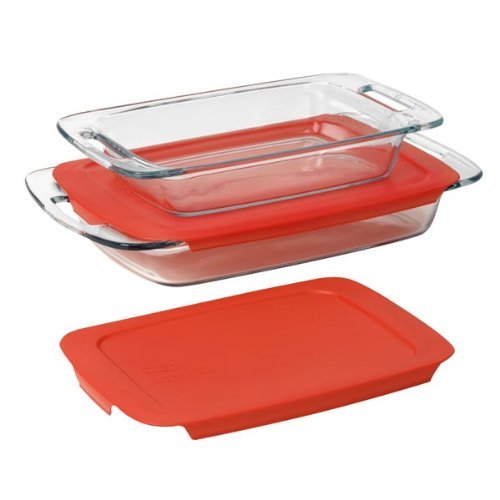 Pyrex Easy Grab 4-Piece Value Pack, Includes 1, 3-Qt Oblong, 1, 2-Qt Oblong, With Red Plastic Covers