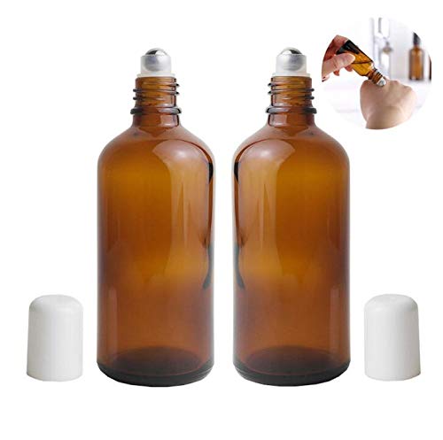 3Pcs 100Ml Empty Refillabl Amber Glass Roller Bottle With Stainless Steel Balls And White Screw Cover For Essential Oil Lip Balm